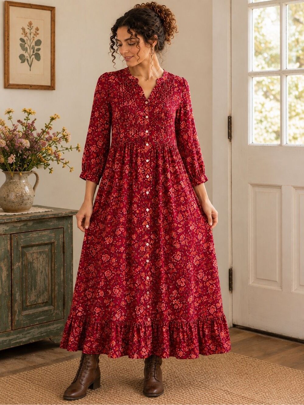 April Cornell Burgundy Floral Prairie Maxi Dress Pintuck Boho Cottagecore Size S
